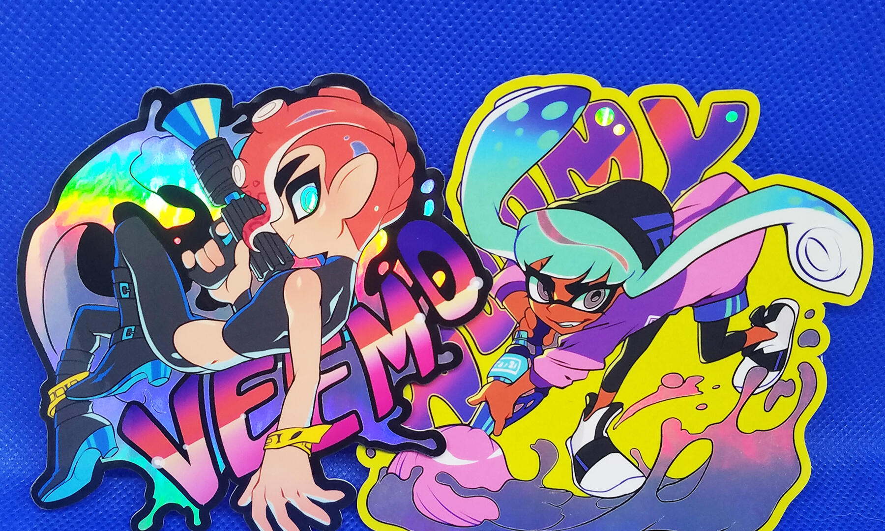 Photo of my holographic Splatoon stickers