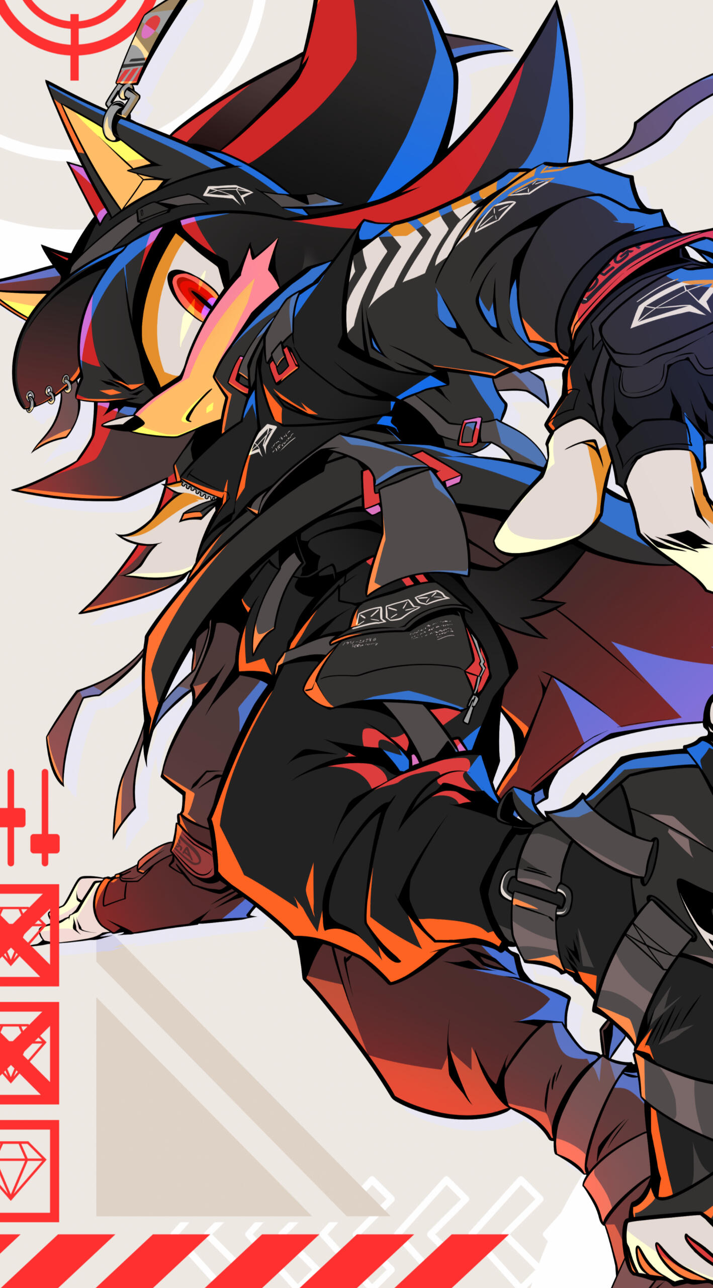 Fanart of Shadow the Hedgehog by Kinghime, featuring him jumping in a dynamic pose with techwear gear on and a graphic "warning" background.