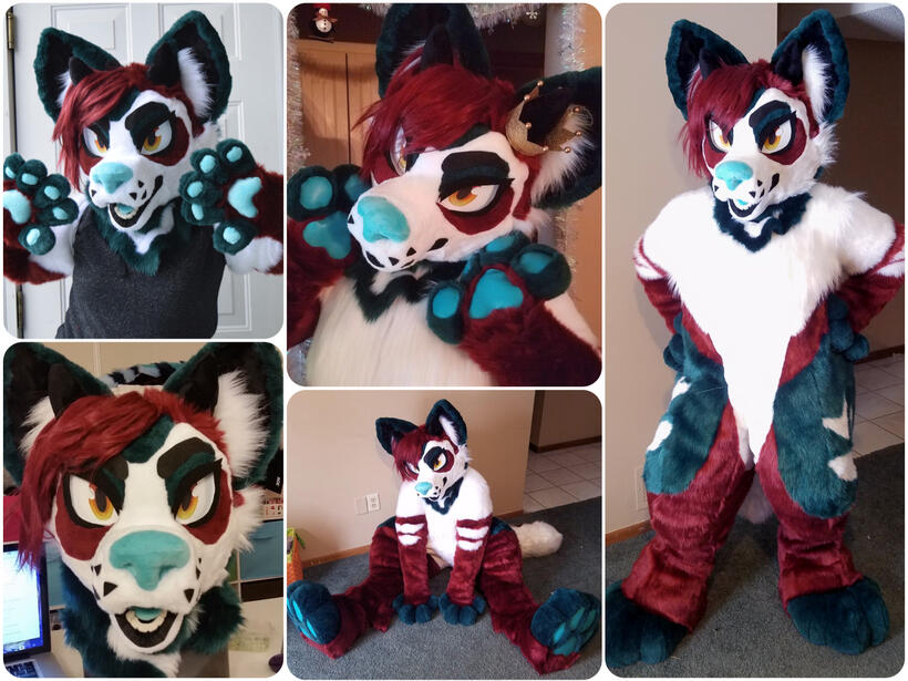 Premade; Collab: Kinghime (head sculpt, eyes, wig, design), Sammy Smiles Co (furring, installation, bodysuit, paws, tail)