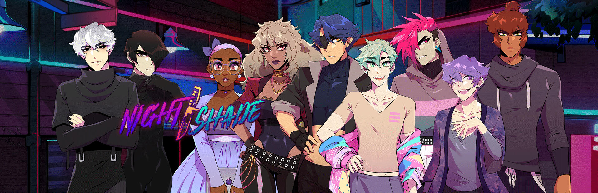 NIGHT/SHADE banner with all the main characters featured.
